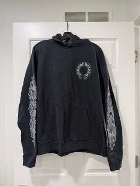 Chrome Hearts Black Pullover Hoodie with White Sleeve Graphics